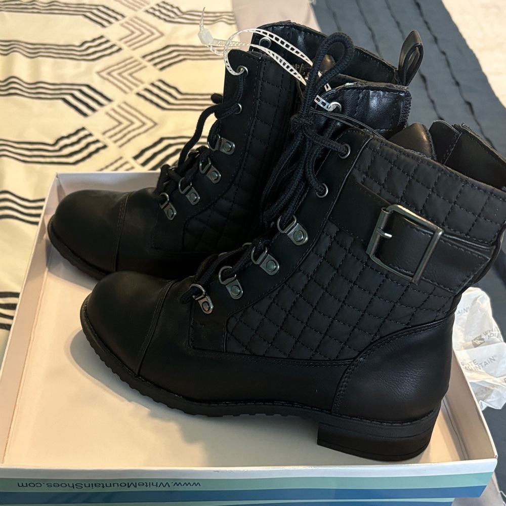 Black Quilted Lace-Up Boots with Buckle NEW
